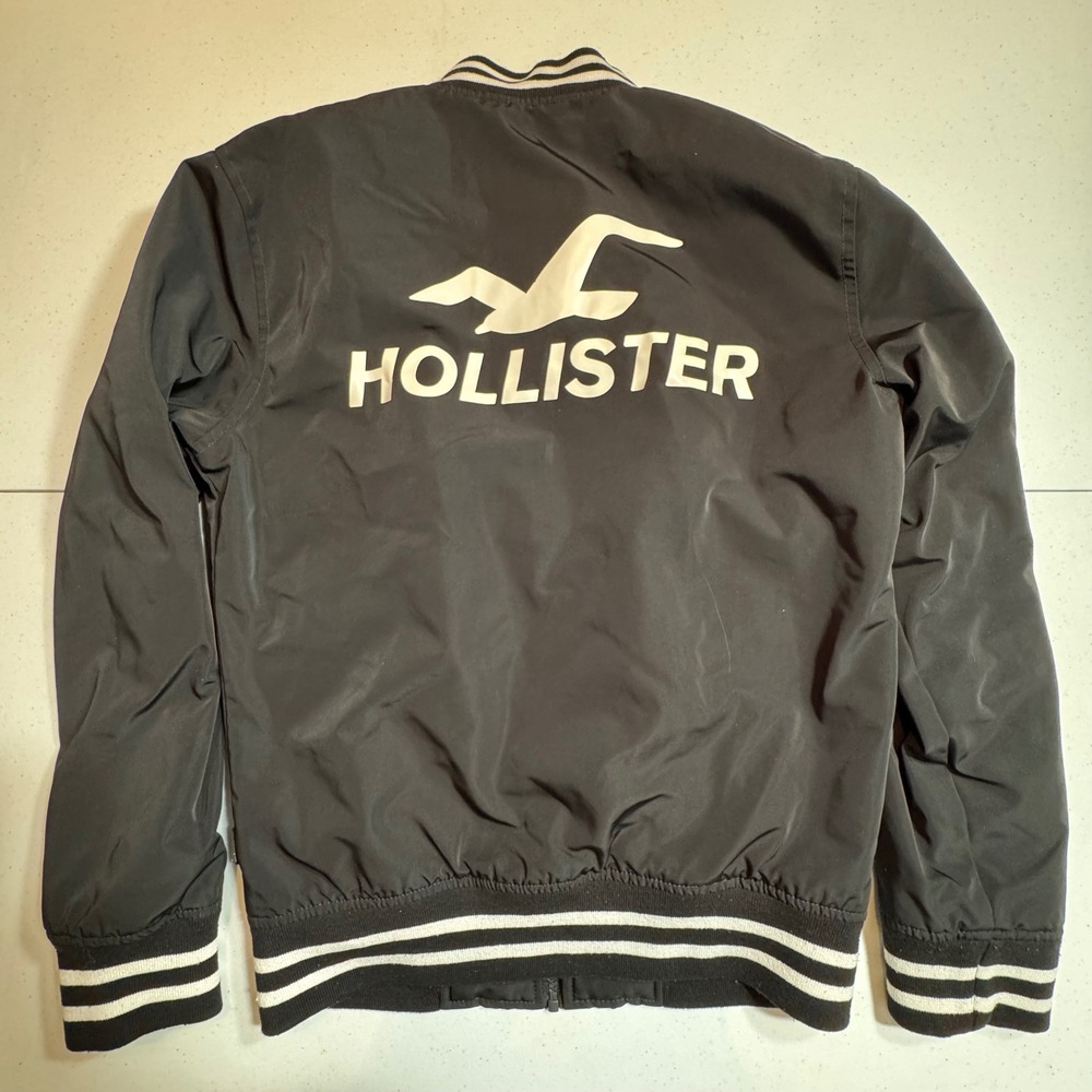 Hollister Black Bomber Jacket XS Varsity Letterman Full Zip Logo Preppy Academia